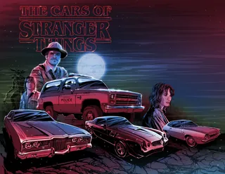 Cars from Stranger Things with characters under a full moon by Jan Meininghaus