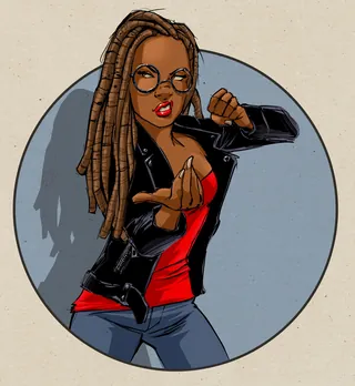 Confident woman with dreadlocks and glasses making beckoning gesture by Jan Meininghaus