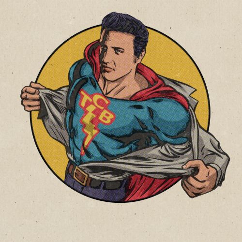 Elvis Presley depicted as superhero with TCB emblem by Jan Meininghaus