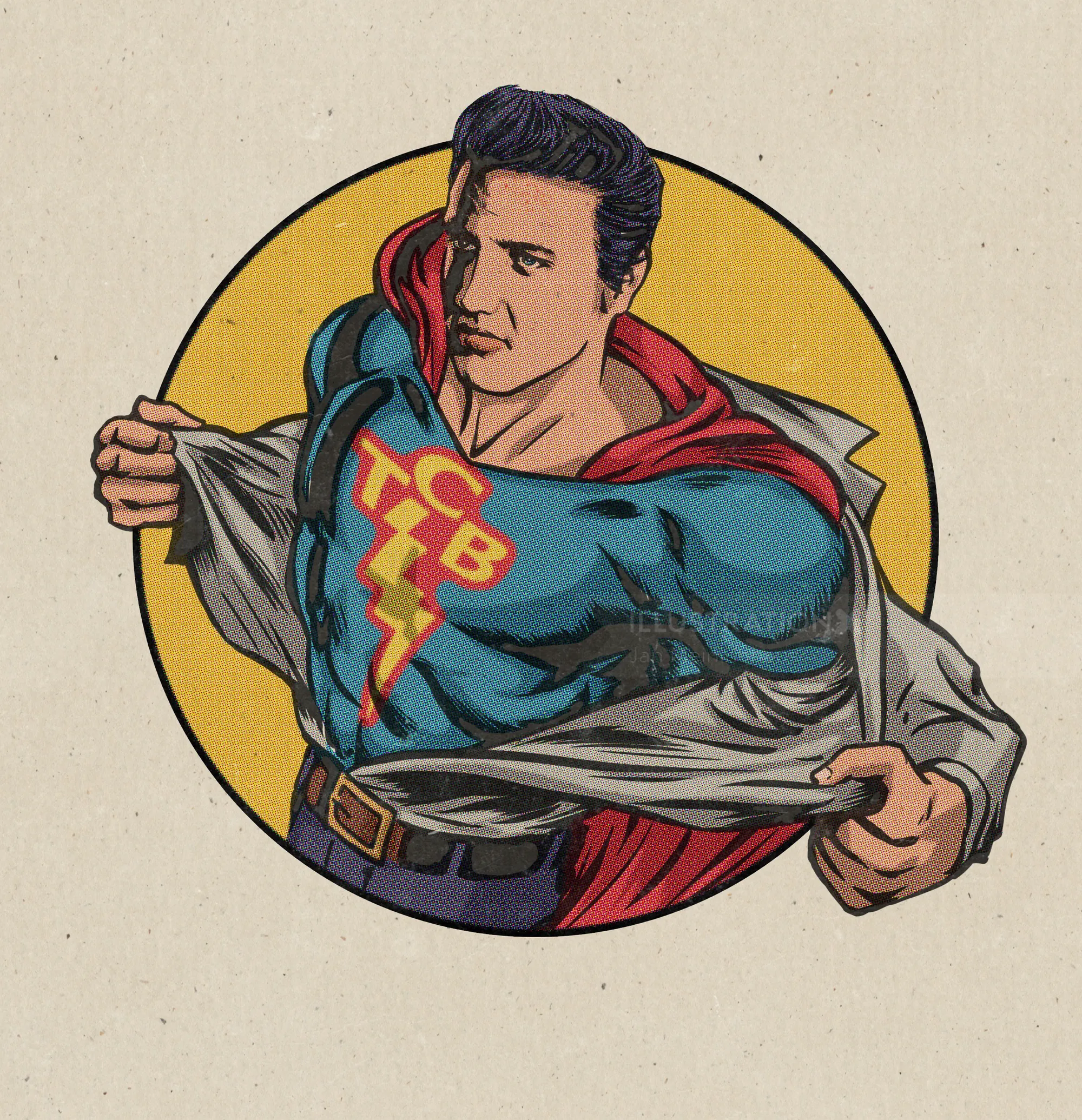 Elvis Presley depicted as superhero with TCB emblem by Jan Meininghaus