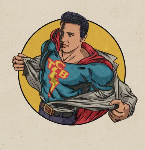 Elvis Presley depicted as superhero with TCB emblem by Jan Meininghaus