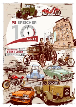 Vintage cars, motorcycles, and historic vehicles illustration for museum anniversary.