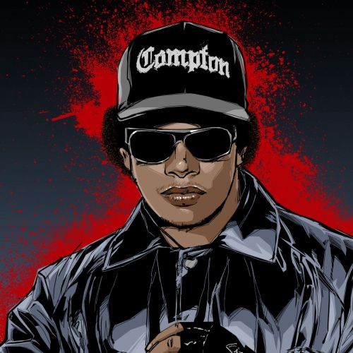 Person wearing Compton hat, sunglasses, and black jacket with red background