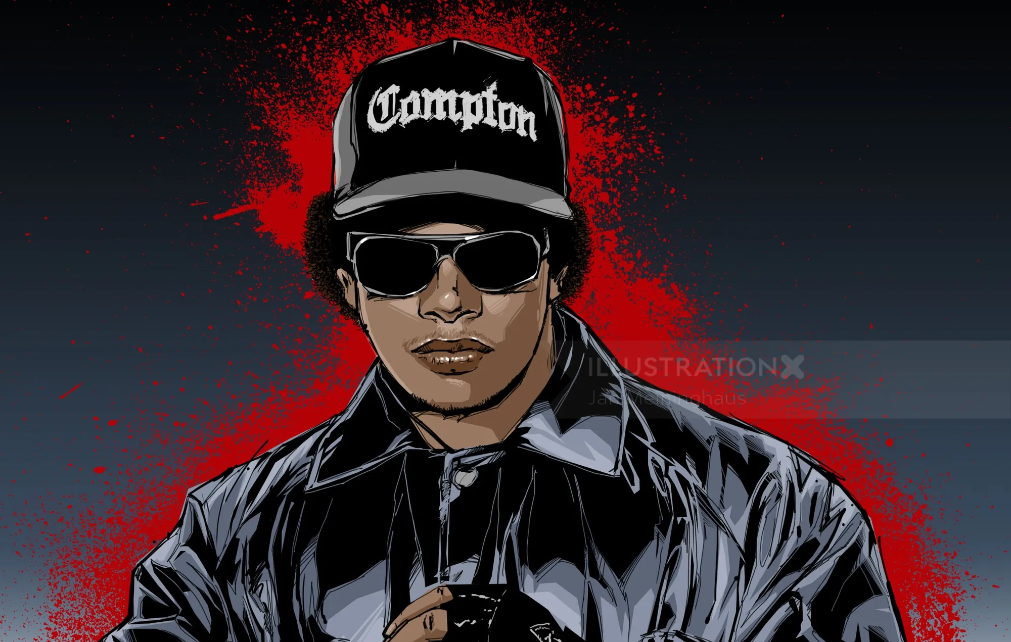 Person wearing Compton hat, sunglasses, and black jacket with red background