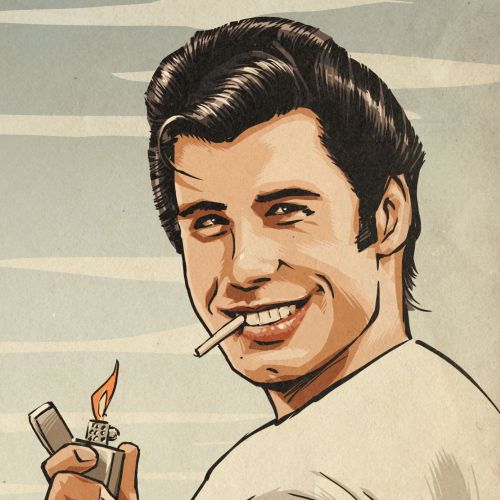Smiling man lighting cigarette with lighter in vintage style illustration