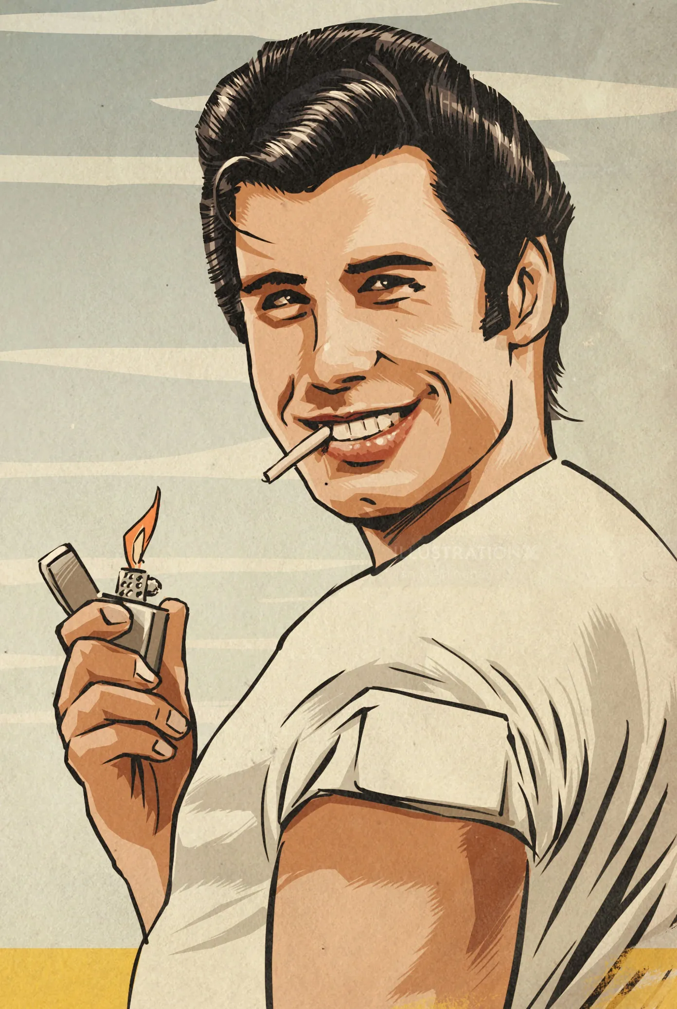 Smiling man lighting cigarette with lighter in vintage style illustration
