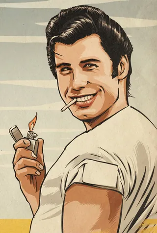 Smiling man lighting cigarette with lighter in vintage style illustration