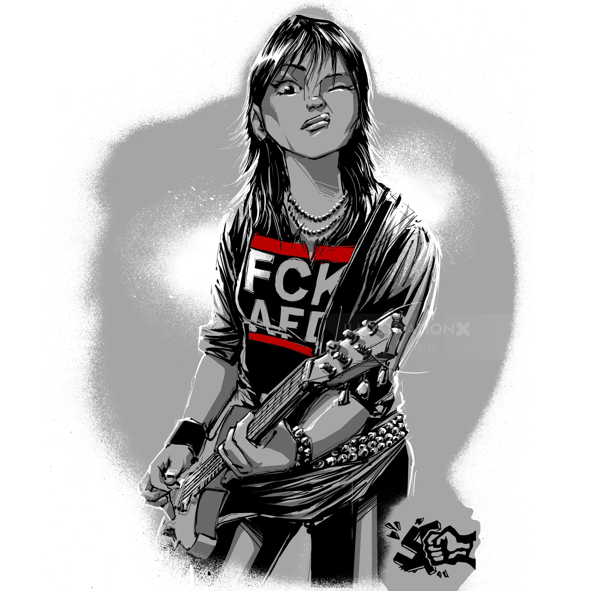 Punk rocker playing electric guitar, wearing a graphic shirt and chains.