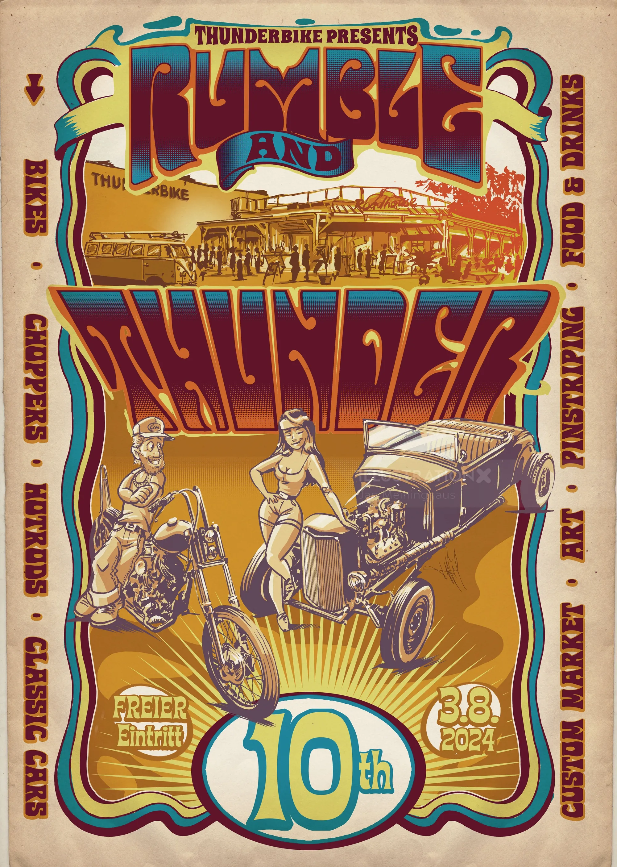 Vintage poster for 10th Rumble and Thunder with classic cars and bikes