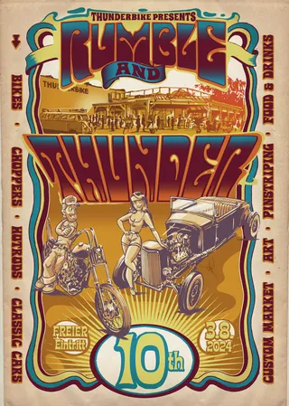 Vintage poster for 10th Rumble and Thunder with classic cars and bikes
