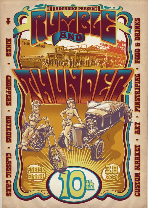 Vintage poster for 10th Rumble and Thunder with classic cars and bikes