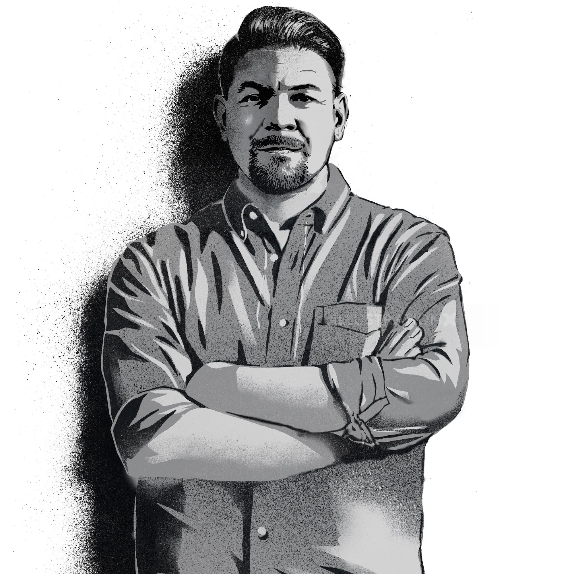 Black and white illustration of a man with crossed arms and confident expression