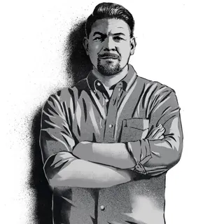 Black and white illustration of a man with crossed arms and confident expression