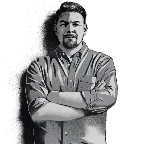 Black and white illustration of a man with crossed arms and confident expression