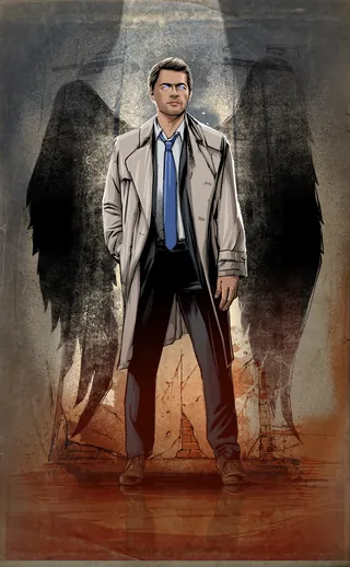 Man wearing trench coat with black angel wings behind him