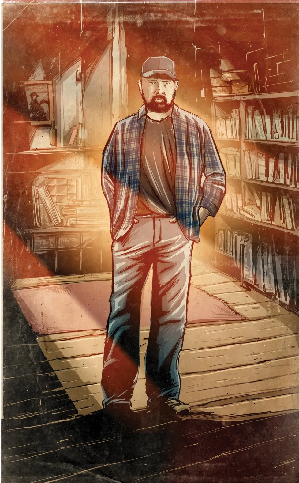 Bearded man wearing a cap and plaid shirt standing in a library.