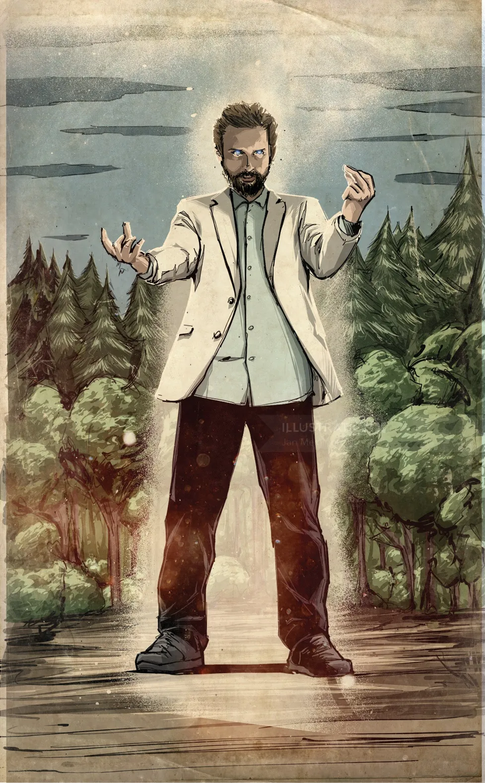 Man in white coat controlling glowing energy orbs in forest clearing.