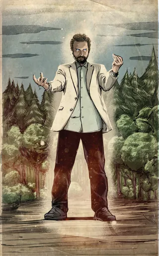 Man in white coat controlling glowing energy orbs in forest clearing.