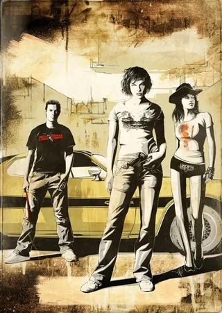 Three people standing by a car in a vintage urban setting by Jan Meininghaus