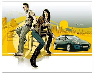 Young man and woman with car and cityscape illustration by Jan Meininghaus