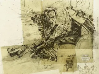 Sketch of man with multiple firearms, intense expression by Jan Meininghaus