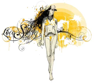 Fashion illustration of woman in bikini with flowing hair by Jan Meininghaus
