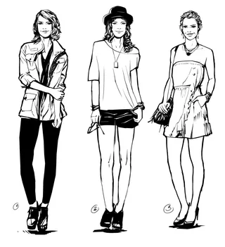 Fashion sketches of three women in different outfits by Jan Meininghaus