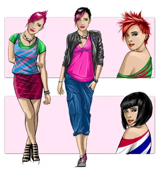 Illustration of four women in colorful outfits and hairstyles by Jan Meininghaus