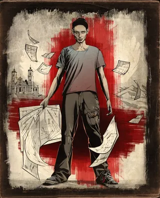 Illustration of a man holding large papers with flying documents by Jan Meininghaus