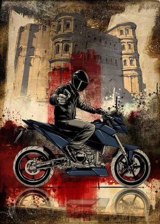 Motorcyclist riding a motorcycle past a historic building, artwork by Jan Meininghaus