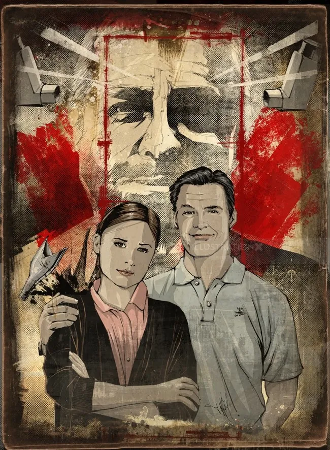 A man and woman stand before a large male portrait with red accents by Jan Meininghaus