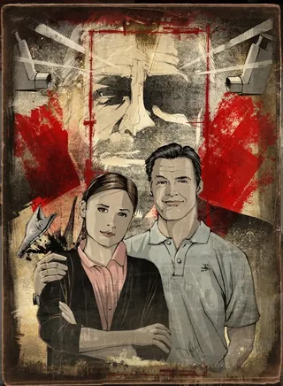 A man and woman stand before a large male portrait with red accents by Jan Meininghaus