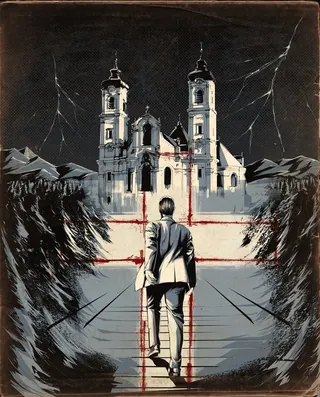 Figure walking toward church with red cross in dark scenery by Jan Meininghaus