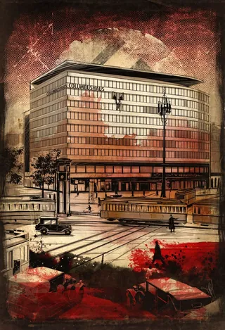 Vintage style illustration of urban building with tram by Jan Meininghaus
