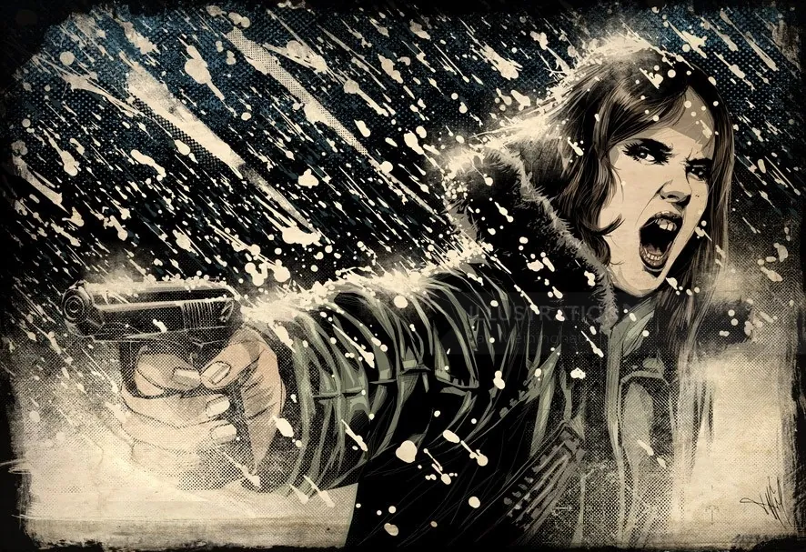 Woman firing a gun in a snowstorm by Jan Meininghaus