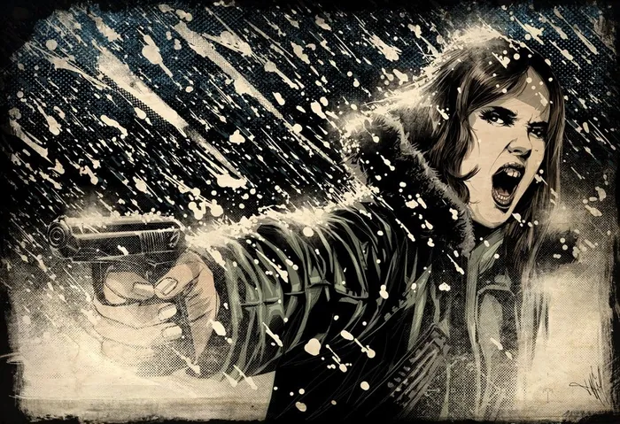 Woman firing a gun in a snowstorm by Jan Meininghaus