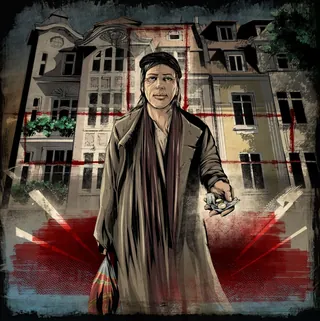 Person in coat standing before old building, artwork by Jan Meininghaus