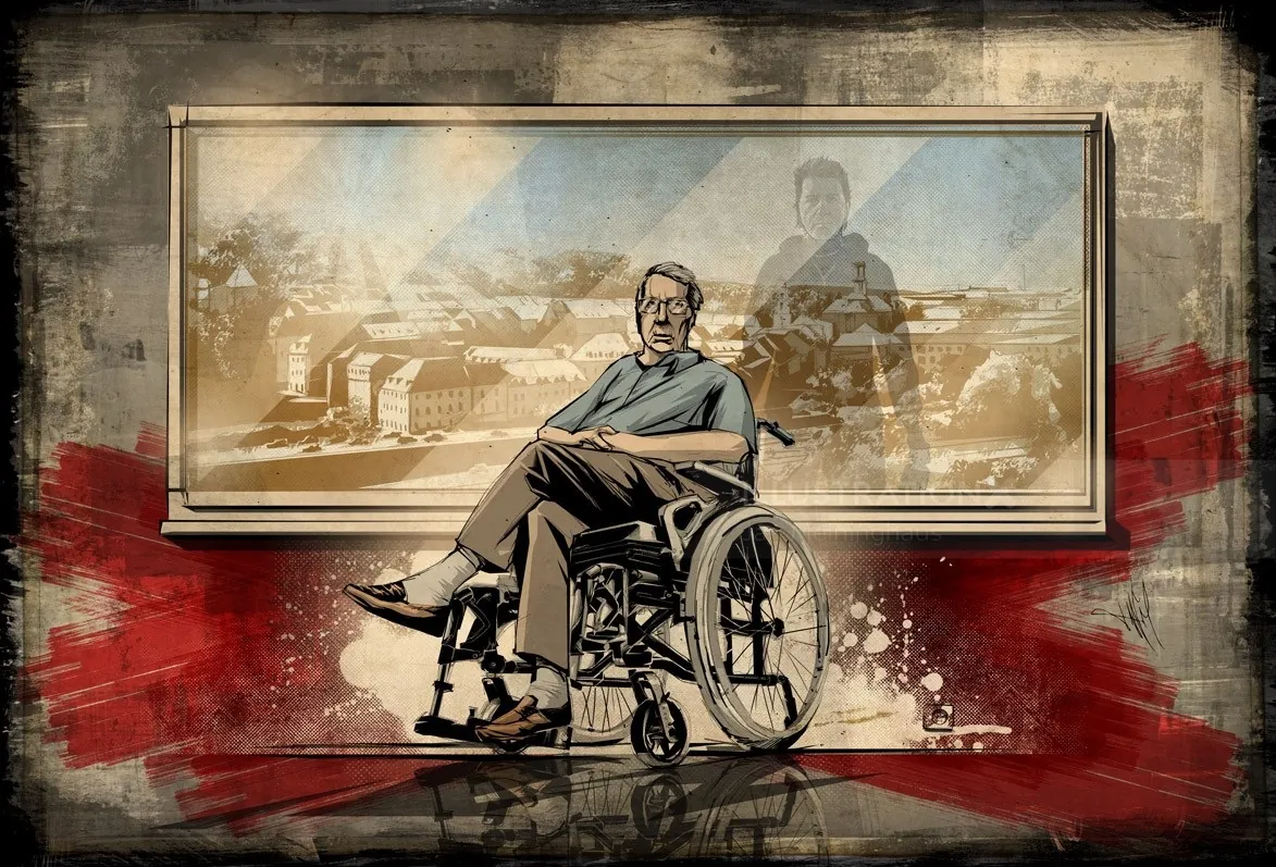 Man seated in wheelchair in front of framed painting by Jan Meininghaus