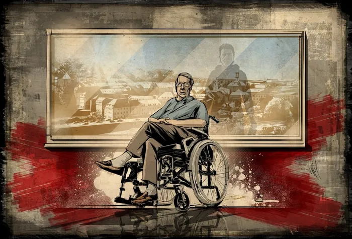 Man seated in wheelchair in front of framed painting by Jan Meininghaus