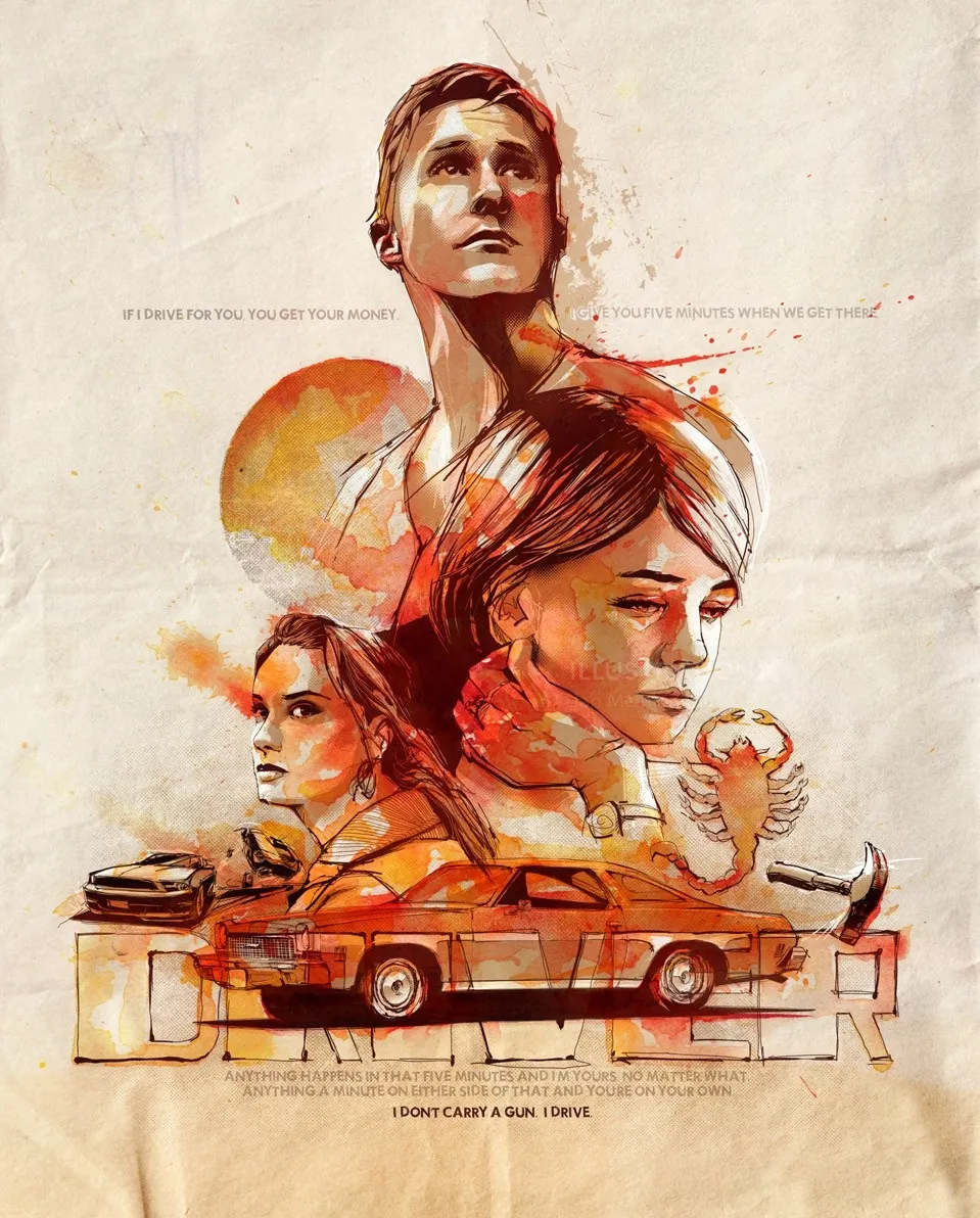 Watercolor portraits of three people and a classic car by Jan Meininghaus