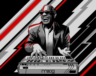 Digital illustration of man playing Moog synthesizer by Jan Meininghaus