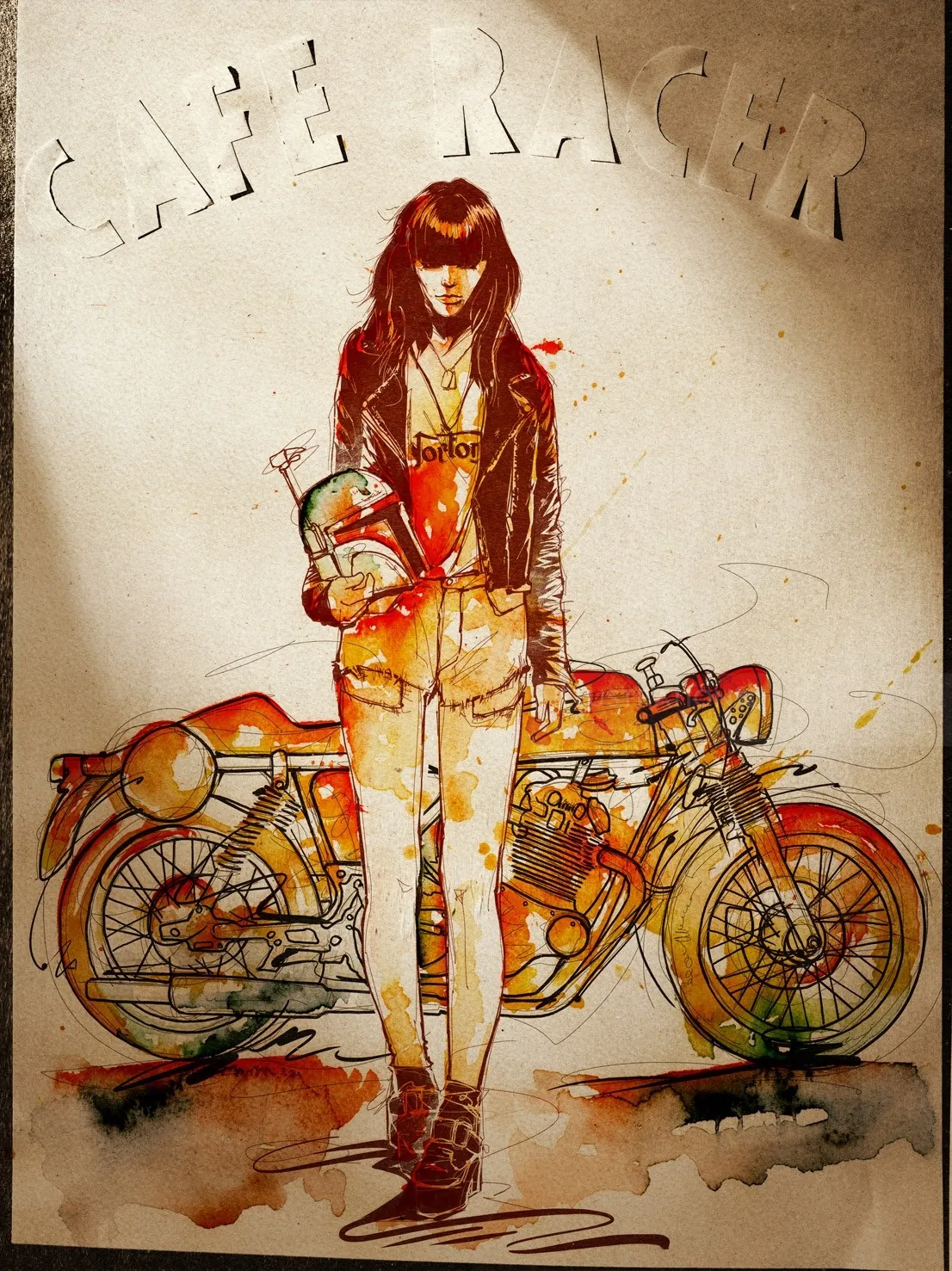 Woman holding helmet next to cafe racer motorcycle by Jan Meininghaus