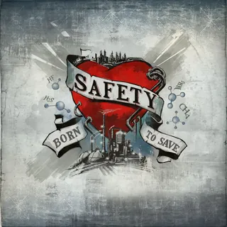 Heart with safety banner, molecules, and industrial buildings by Jan Meininghaus