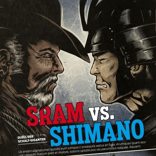 Dueling cyclists personifying SRAM and Shimano bike gear brands by Jan Meininghaus