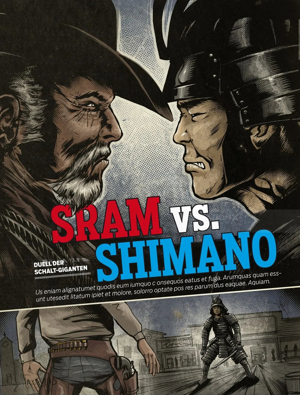 Dueling cyclists personifying SRAM and Shimano bike gear brands by Jan Meininghaus