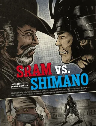 Dueling cyclists personifying SRAM and Shimano bike gear brands by Jan Meininghaus