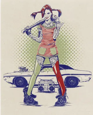 Tattooed woman holding baseball bat with muscle car and boombox by Jan Meininghaus