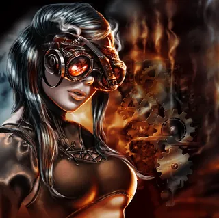 Steampunk woman wearing mechanical goggles with glowing gears and smoke by Jan Meininghaus