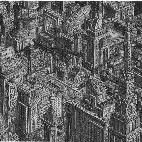 Dark black and white city buildings
