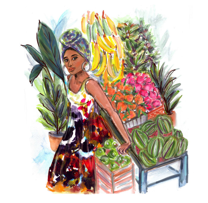 Entitled Lady at the Market watercolor illustration 